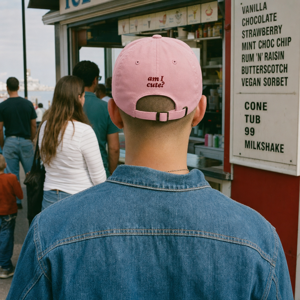 Am I Cute? classic cap in pink, embroidery on the back, worn in an ice-cream queue