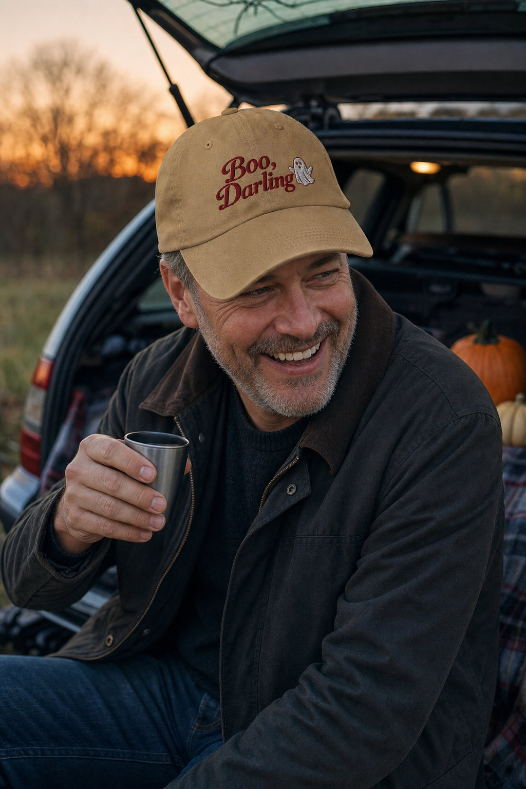 Man on a car tailgate at dusk wearing the khaki Boo Darling embroidered cap