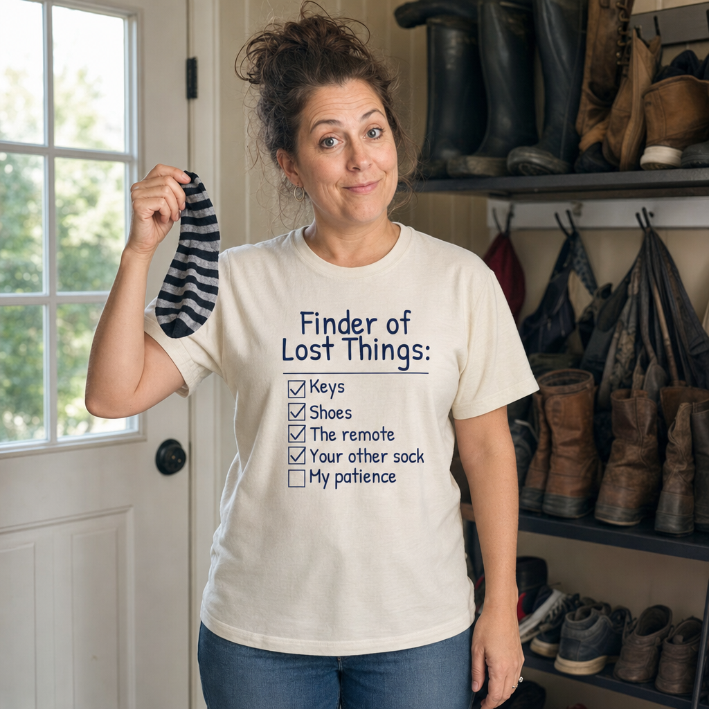 Finder of Lost Things tee worn as a gift, natural