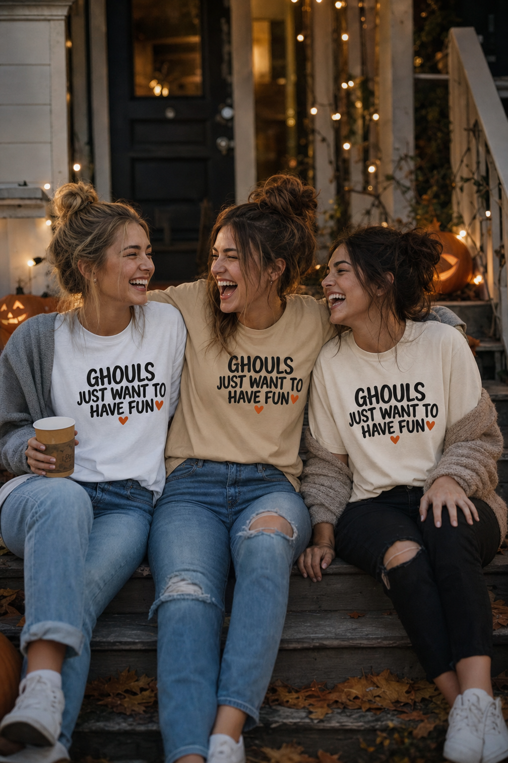 Three friends on front steps wearing the Ghouls Just Want To Have Fun tee in white, sand and natural