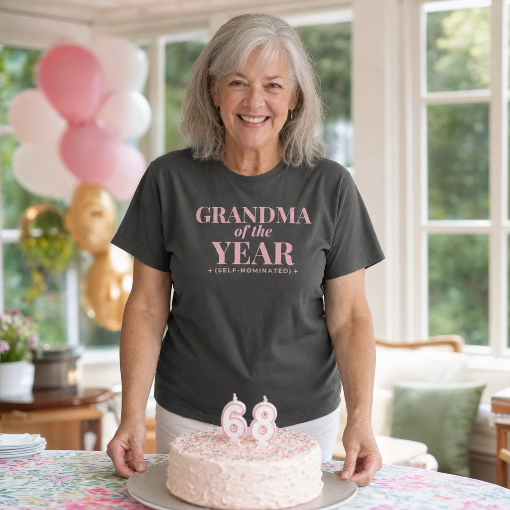 Grandma of the Year tee worn as a gift, charcoal