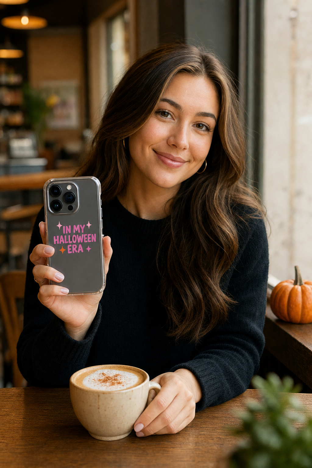 Woman at a cafe table holding the In My Halloween Era clear phone case