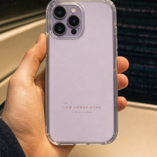 Clear iPhone case printed “12% Low Power Mode is my personality” in dark rose lettering