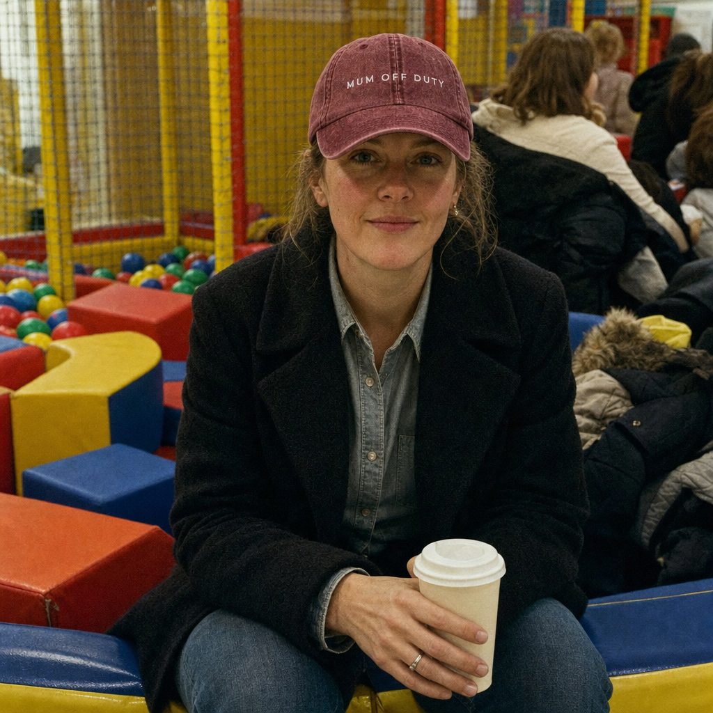 Mum Off Duty embroidered vintage cap in maroon, worn at an indoor soft play centre