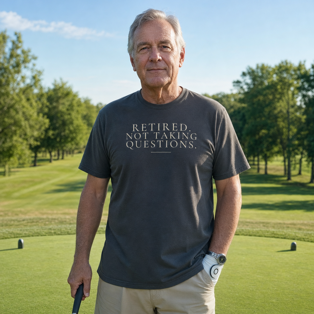 Retired. Not Taking Questions. tee worn as a gift, charcoal