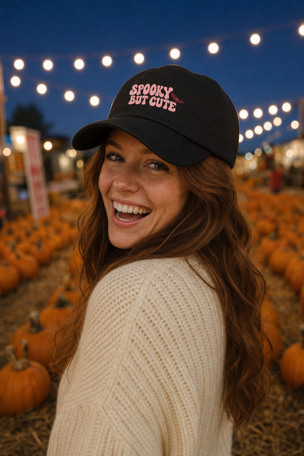 Woman in a pumpkin patch at dusk wearing the black Spooky But Cute cap