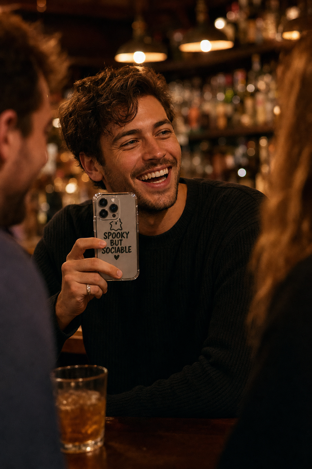Man at a bar holding the Spooky But Sociable clear phone case