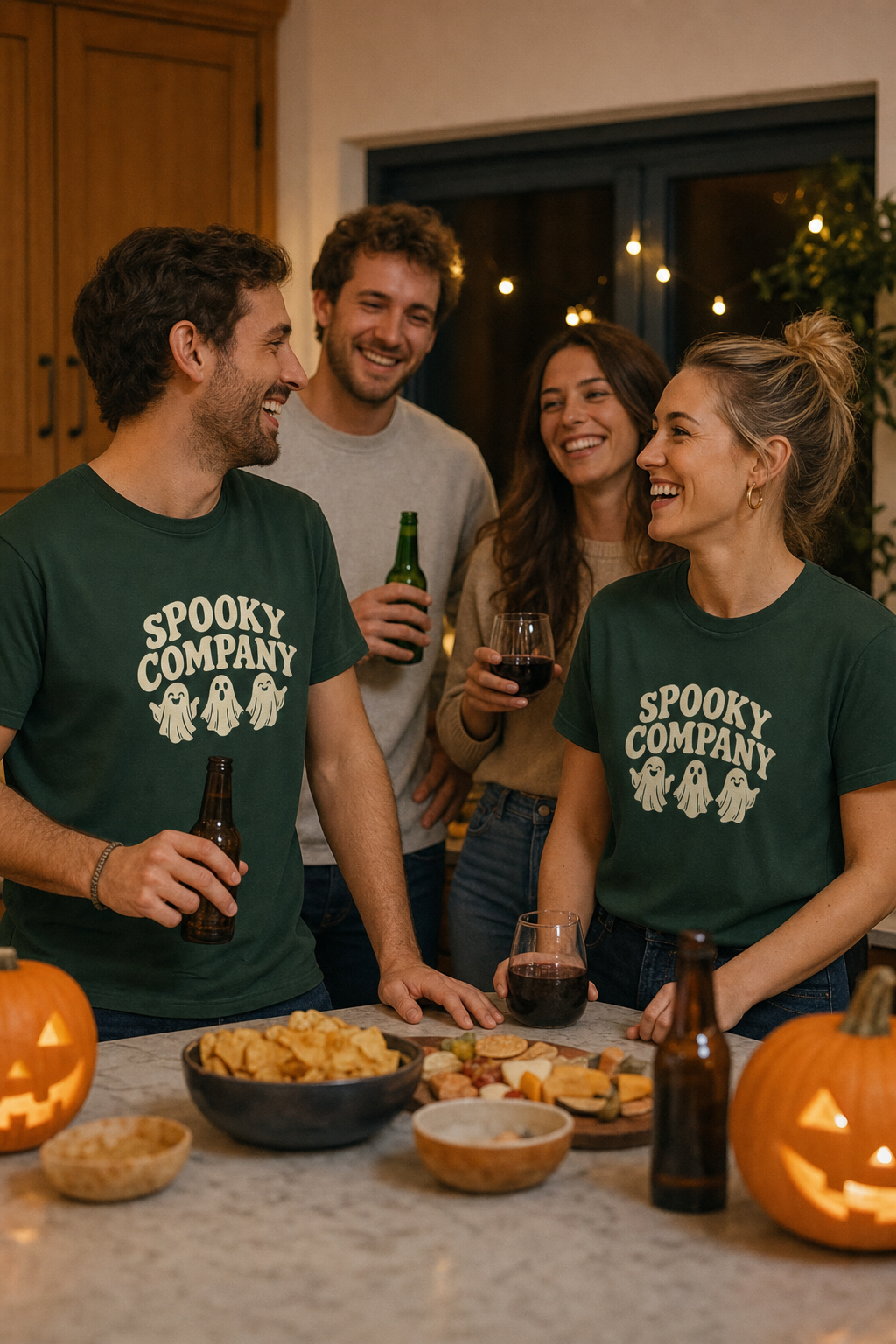 Friends around a kitchen island wearing the forest green Spooky Company tee