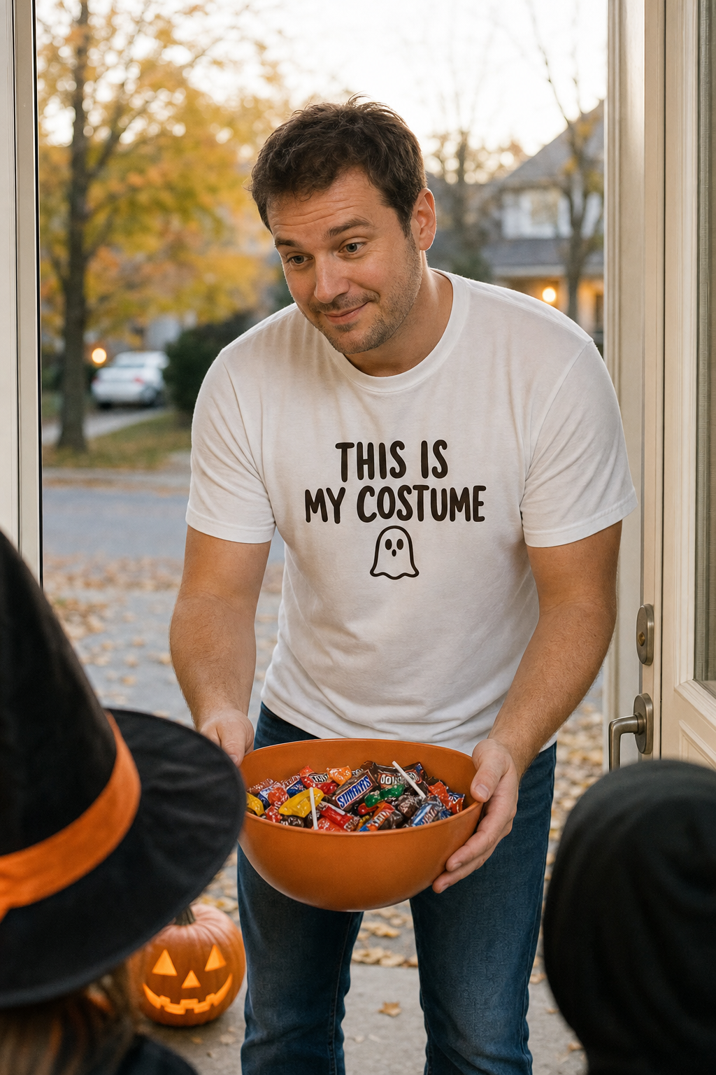 Man handing out sweets at his front door wearing the white This Is My Costume tee