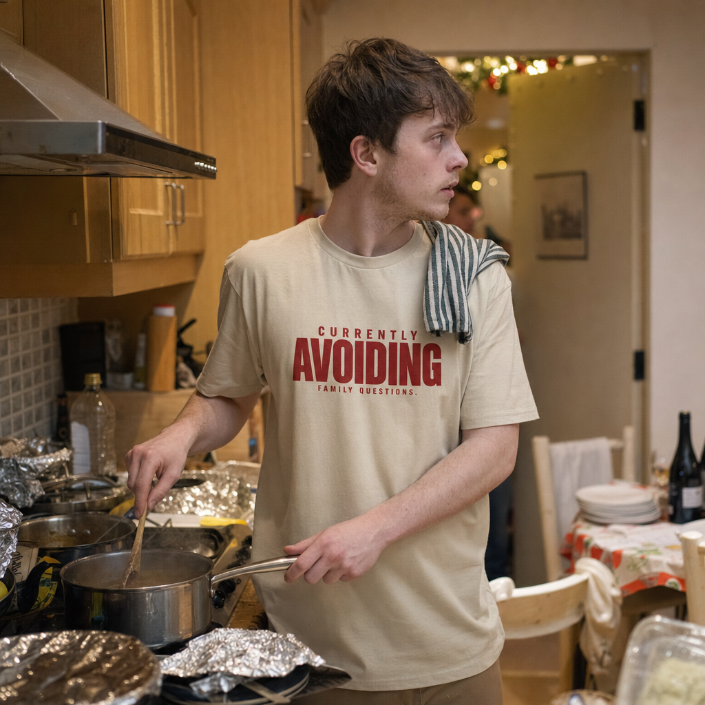 Currently Avoiding Family Questions tee worn while hiding in the kitchen at Christmas dinner
