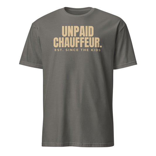 Unpaid Chauffeur tee in Charcoal, front print